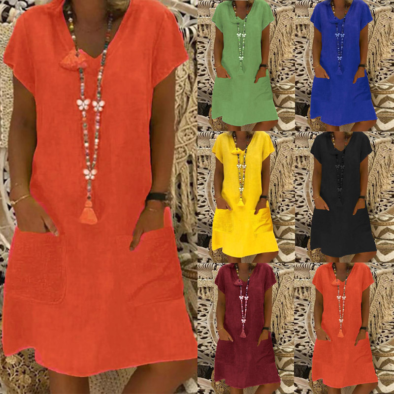 2025년 유럽 및 미국 여름 유행 위시, 알리익스프레스, 아마존, 독립 웹사이트용 반팔 브이넥 포켓 면마 원피스