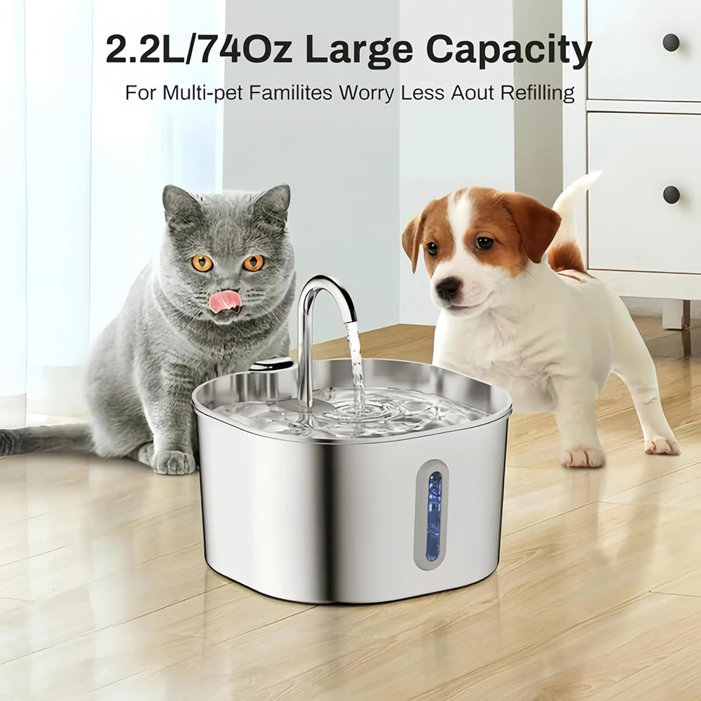 Transfronterizo nuevo 2.2L mascota inteligente beber agua de acero inoxidable gatos perros alimentador de agua de ciclo automático silencioso