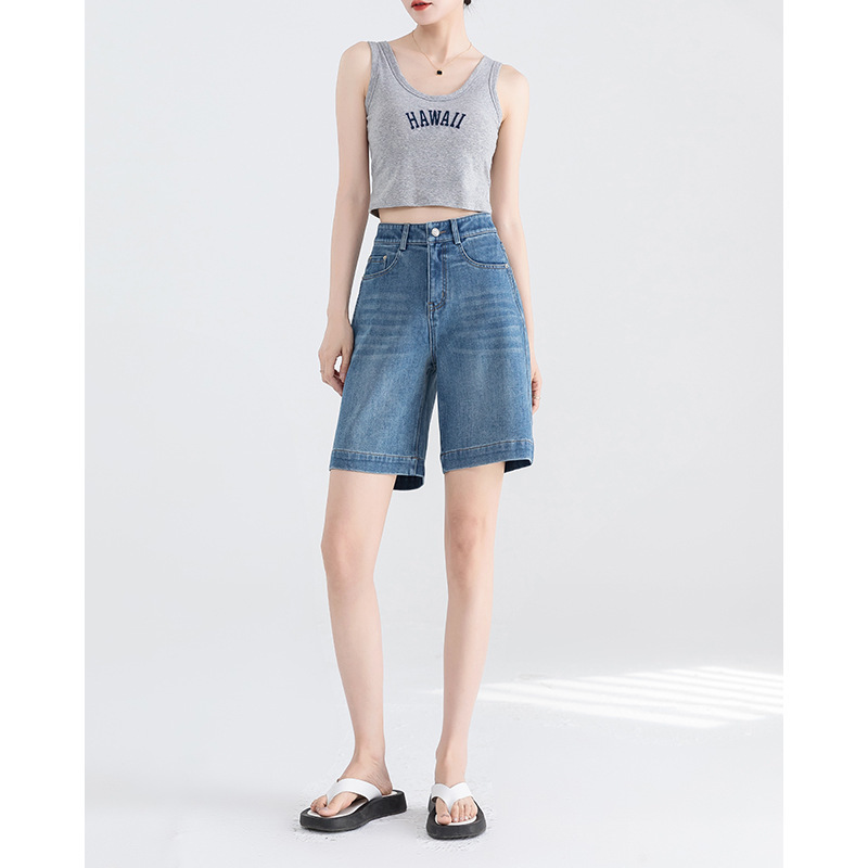 Comfortable Four-Way Stretch Denim Shorts for Women, 2026 Summer New High-Waisted Elastic Slimming Versatile Straight-Leg Knee-Length Shorts