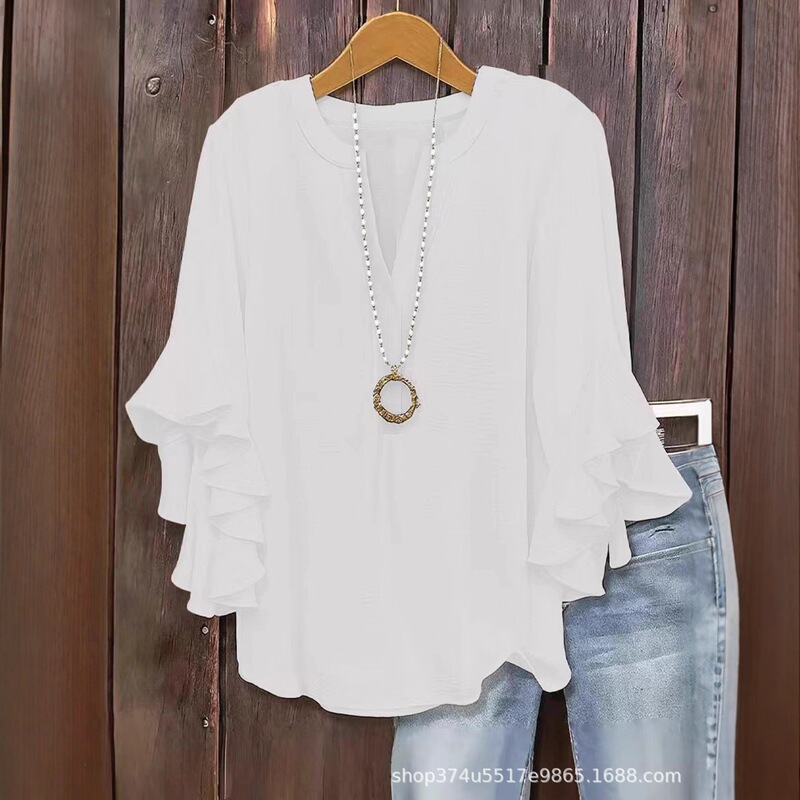 V-Neck Solid Color T-Shirt, Loose Casual Style with Ruffled Three-Quarter Sleeves, Versatile European and American Cross-Border Hot Item, Amazon European and American Style
