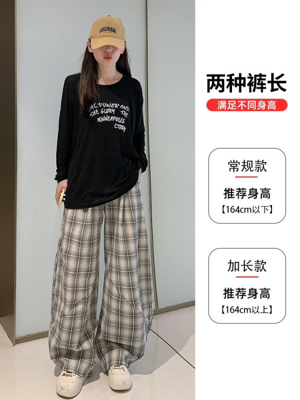 黑色拼接格子弯刀裤女春秋夏2025新款小众高腰宽松显瘦休闲阔腿裤|undefined