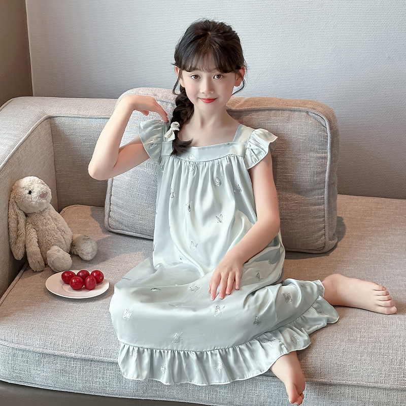 女の子ネグリジェ 2025 夏の新子供プリンセス氷と雪のシルクパジャマかわいいホーム服夏サスペンダースカート|undefined