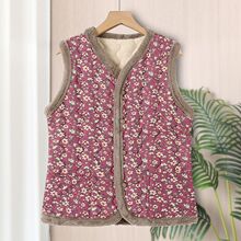 秋冬新款妈妈款加绒马夹中老年人碎花毛边马甲棉衣加厚坎肩外套