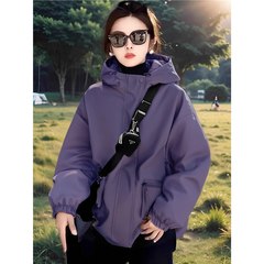 紫色短款冲锋衣外套女春秋2025新款超火漂亮休闲宽松夹克棉衣棉服