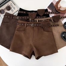 美式复古鹿皮绒高腰显瘦短裤女秋冬阔腿裤休闲裤靴裤a字裤配皮带
