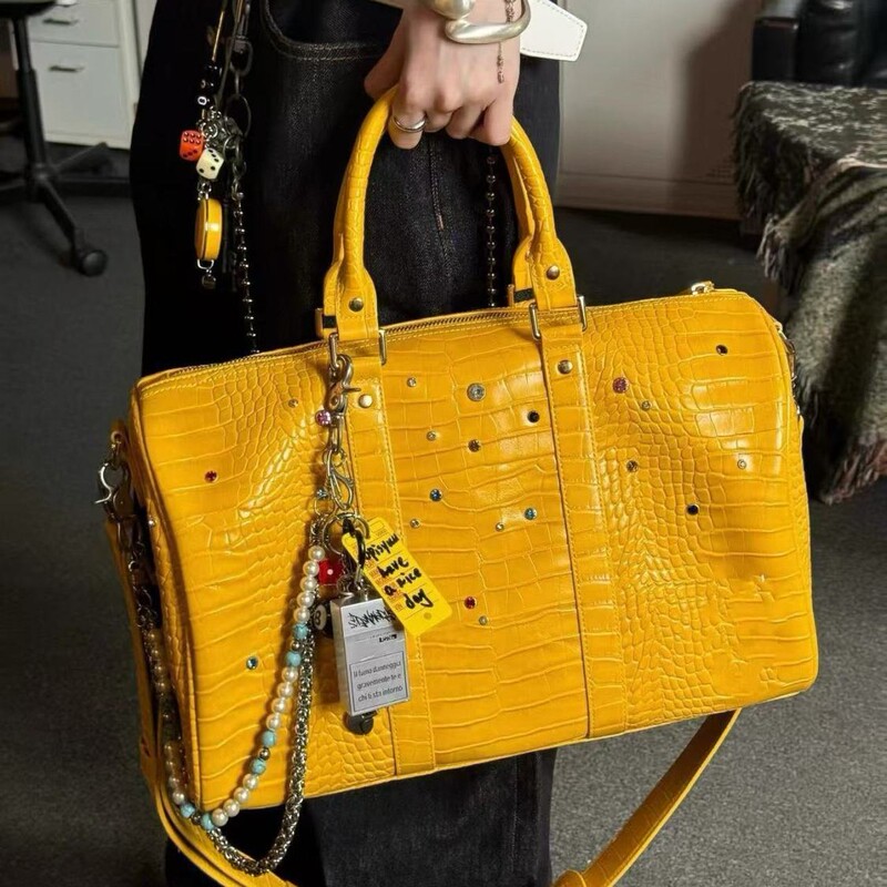 Yellow Anti-Crocodile Leather Texture Colored Diamond Gemstone Niche Crossbody Bag American Street Trendy Satchel Travel Bag for Men and Women