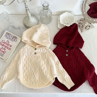 ins Autumn Korean Style Girl's Cute Hooded Sweater Baby's Western Style Twist Shawl Poncho Knitted Pullover Top