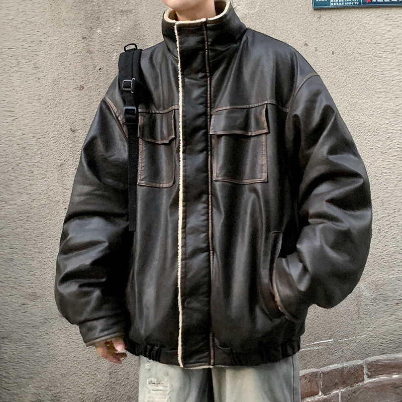 Sheepskin-lined cotton jacket for men, aviator jacket, winter American retro style, thickened and fleece-lined motorcycle cotton coat