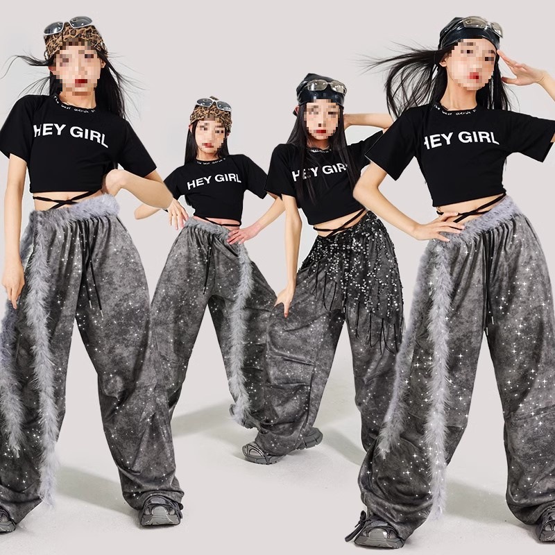 女孩爵士舞演出服少儿jazz练功服裤子hiphop街舞服装露脐上衣走秀
