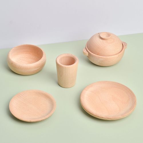 Yiwang wooden play house kitchen toys log cooking toys beech wood tableware pan wok