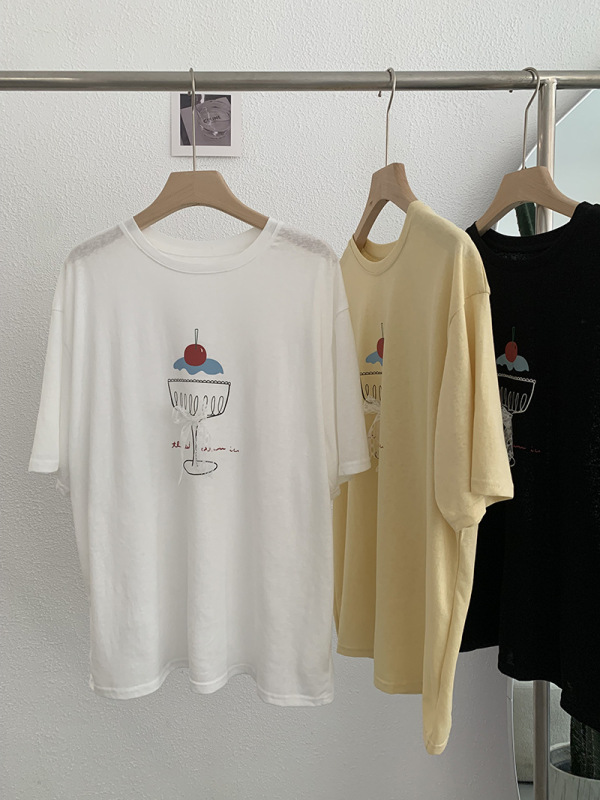 Omalai スノーフレークコットンレースリボンストラップケーキプリント Tシャツルーズラウンドネック半袖トップ女性用 4138|undefined
