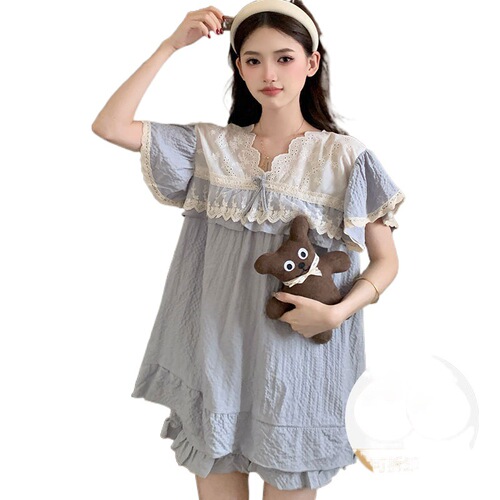 [Real shot] Pajamas with breast pads for women in summer 2024 new style bubble cotton sweet and cute short-sleeved home clothes set