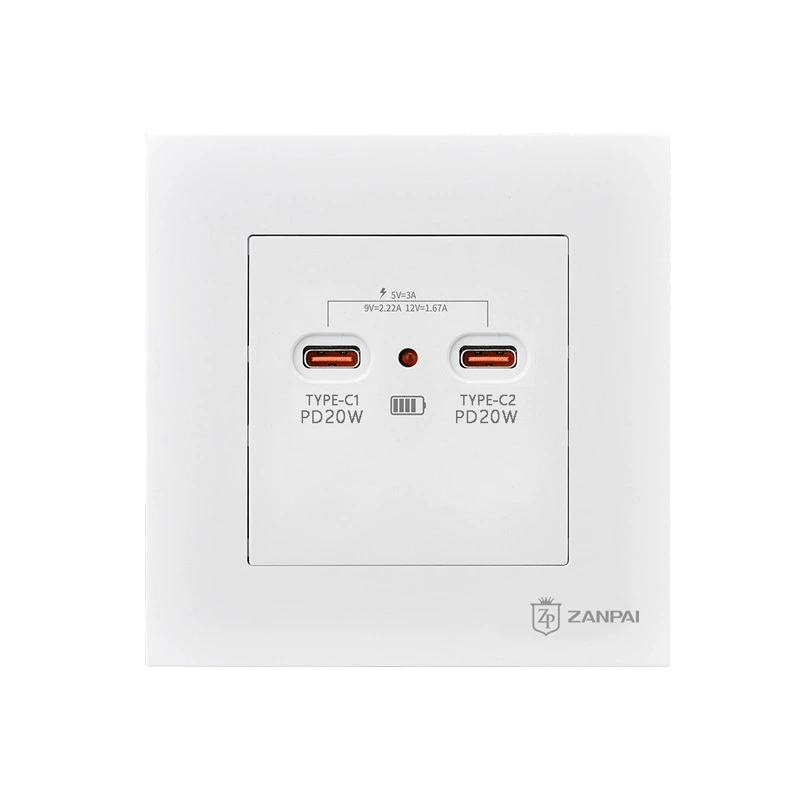 赞牌 86 dark installation white 20W nitrogen nitride mobile phone charging socket dual TYPE-C fast charging plug panel