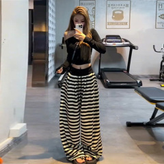 网红同款慵懒风条纹抽绳垂感长裤女秋季高腰宽松显瘦阔腿休闲裤子