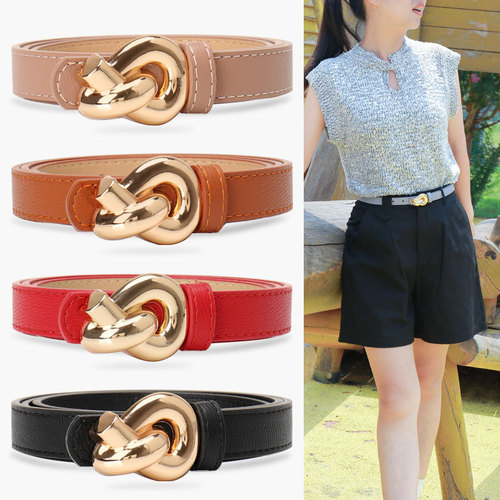 Stylish European and American-style high-end belt for women: alloy snap-button knotted waistband, decorative design for dresses, ladies' leather belt
