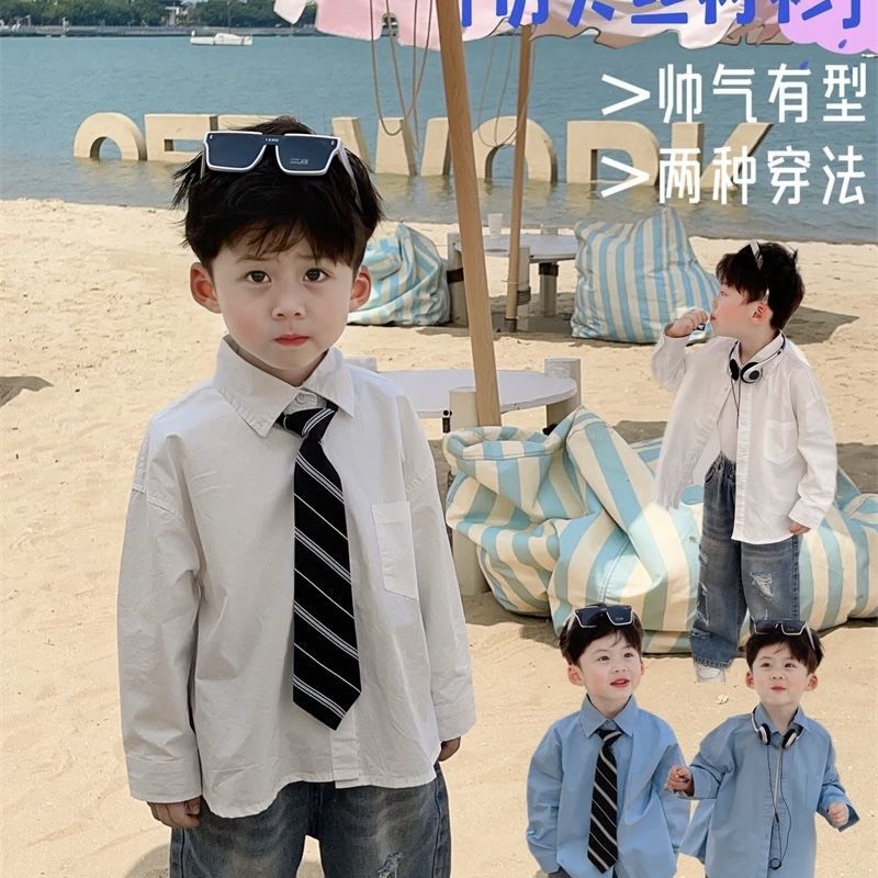 Boys' Shirts Long-Sleeved Spring and Autum 2025 New Kidsren's Preppy Style Tie Pure Color Shirt Baby Spring and Autum Clothing