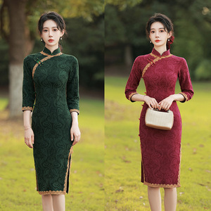 Dark green wine color chinese dress for women traditional oriental retro qipao dress Cotton and linen jacquard model show wedding party cheongsam dresses