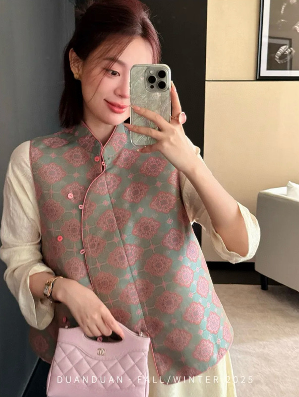 深圳南油原创草木染蜀锦两面穿马甲立领修身马甲女粉色国风外搭潮|undefined