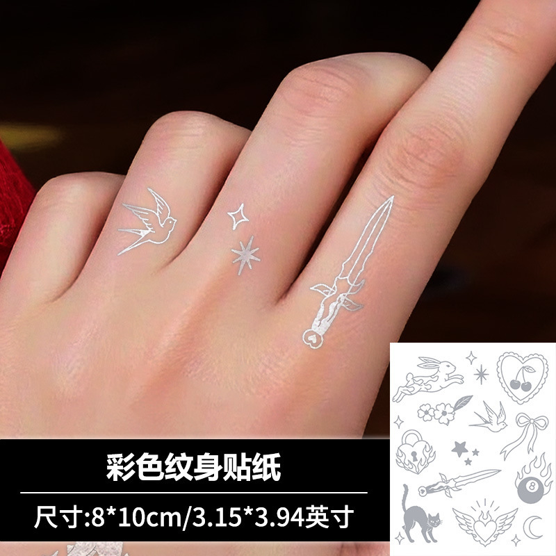 Silver foil cool finger tattoo stickers with short sword, swallow, cat, rabbit, star small patterns, sexy waterproof long-lasting stickers Silver foil cool finger tattoo stickers with short sword, swallow, cat, rabbit, star small patterns, sexy waterproof long-lasting stickers