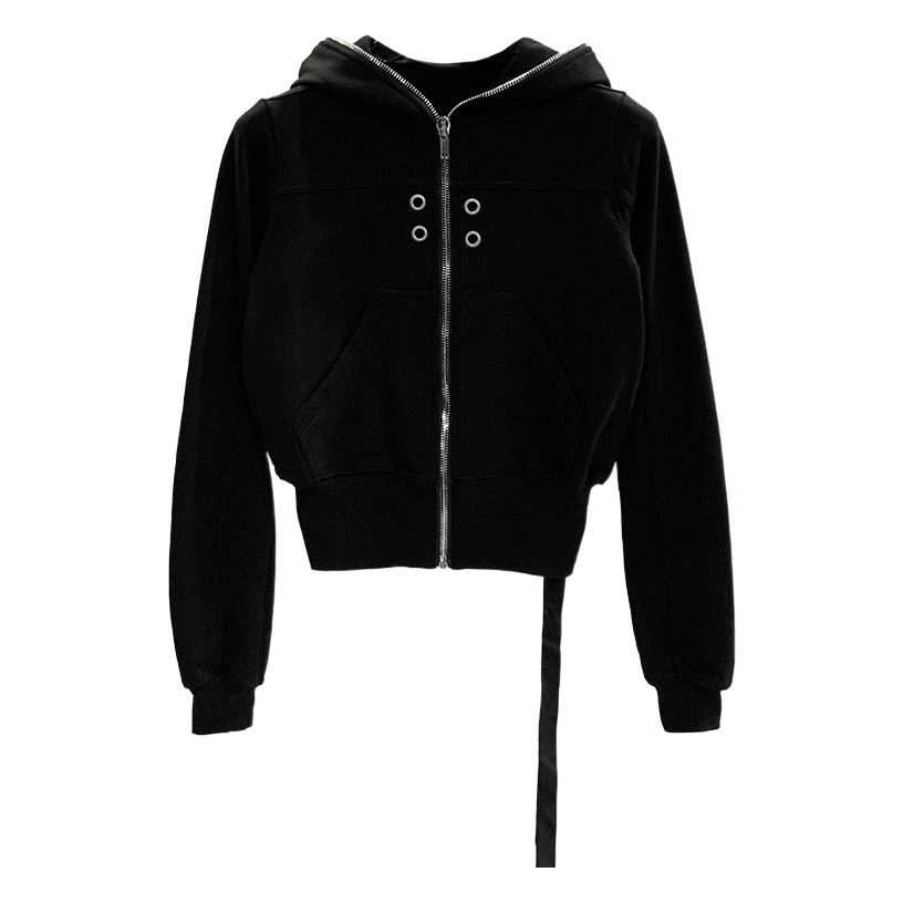 Sudadera con capucha perforada para mujer, nueva colección 2026, con decoración de ojales, mangas cortas y largas, color negro, para otoño.
