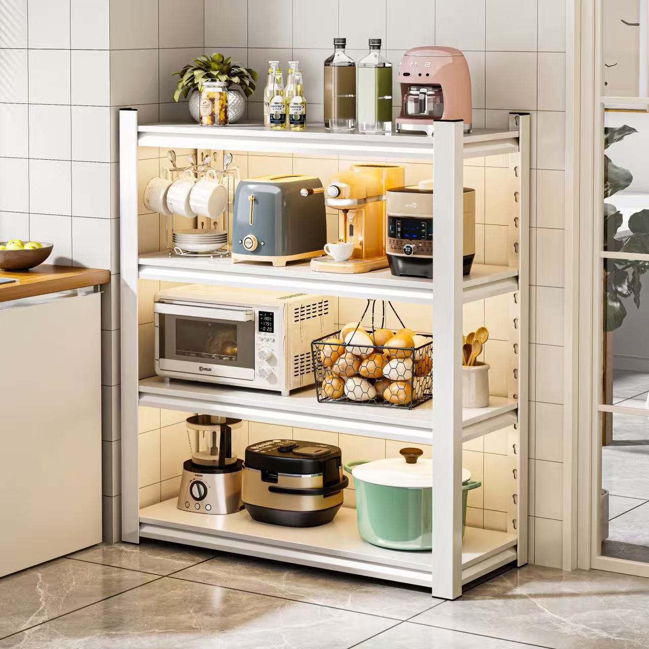 Household kitchen storage rack, floor-standing multi-layer gap storage rack, multifunctional rack for microwave, cookware, and fruit and vegetable storage