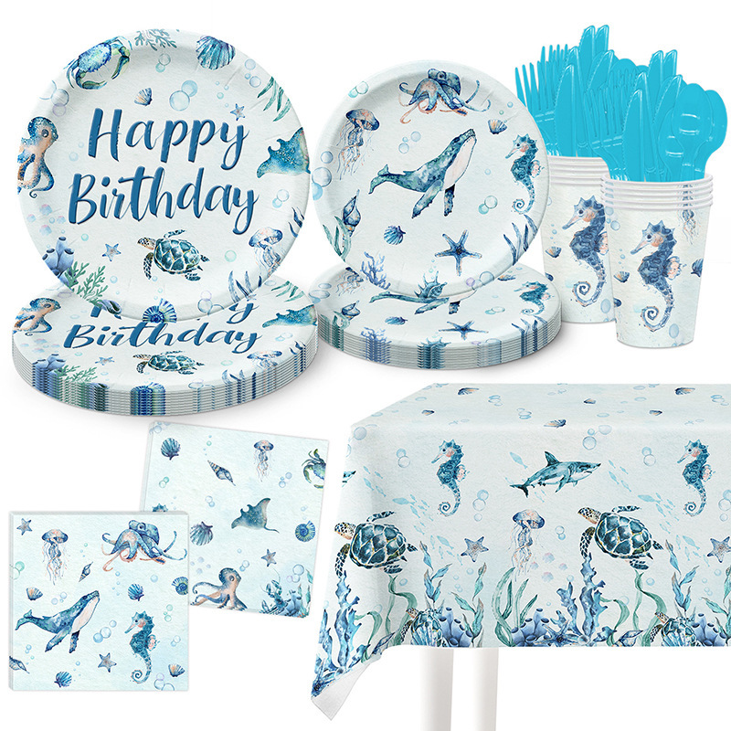 New Marine Animal Theme Birthday Party Disposable Tableware Paper Plates Paper Cups Paper Towels Plastic Tablecloths Cutlery Forks and Spoons