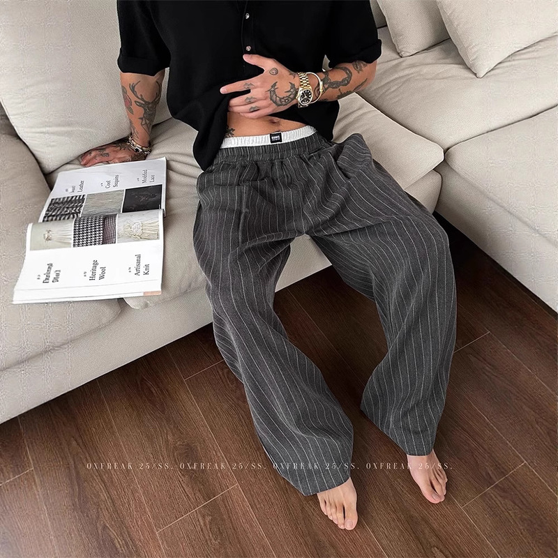 2025 Summer New Niche Double-Layer Waist Contrast Striped Casual Pants Men's Straight Loose Trendy Wide-Leg Long Pants 2025 Summer New Niche Double-Layer Waist Contrast Striped Casual Pants Men's Straight Loose Trendy Wide-Leg Long Pants