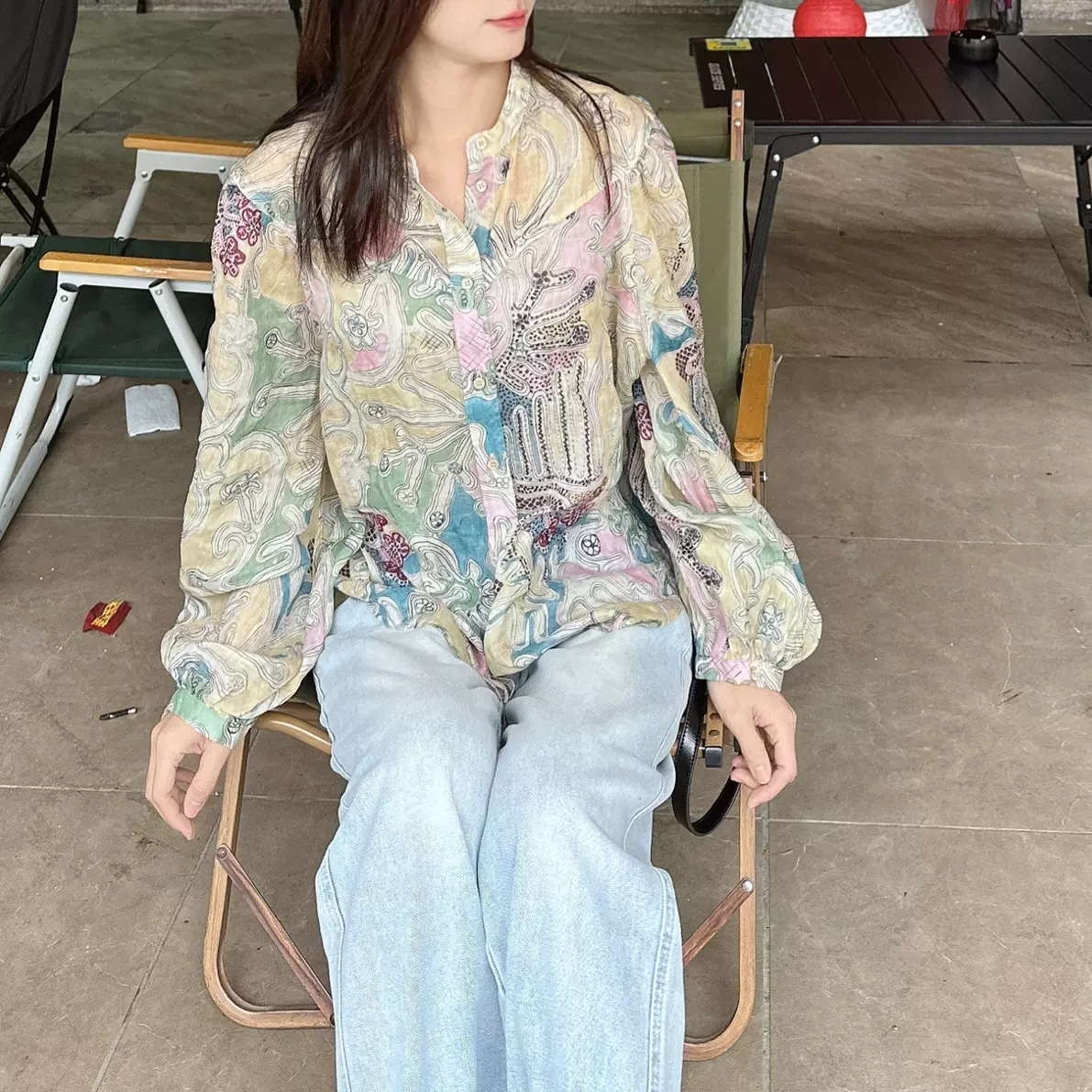 OS立领泡泡袖衬衫上衣花朵印花圆领衬衣25春季新款 PA1271195004
