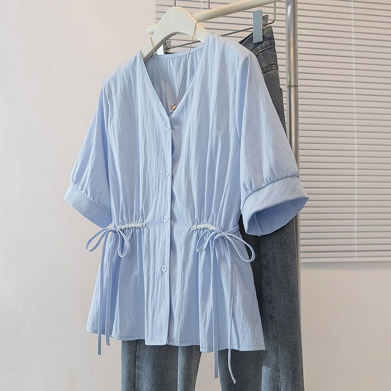 French-Style Lace-Up Waist-Cinching Slimming Beaded V-Neck Short-Sleeve Shirt for Women, Summer Top for Petite Women, Plus-Size Shirt