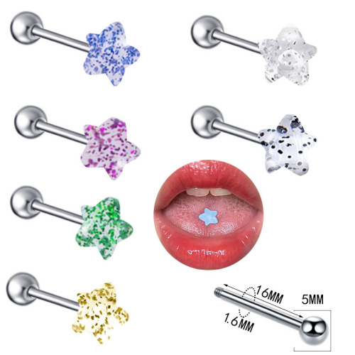 European and American cross-border personality five-pointed star tongue nail breast nail simple glitter tongue ring tongue ring piercing jewelry wholesale manufacturer