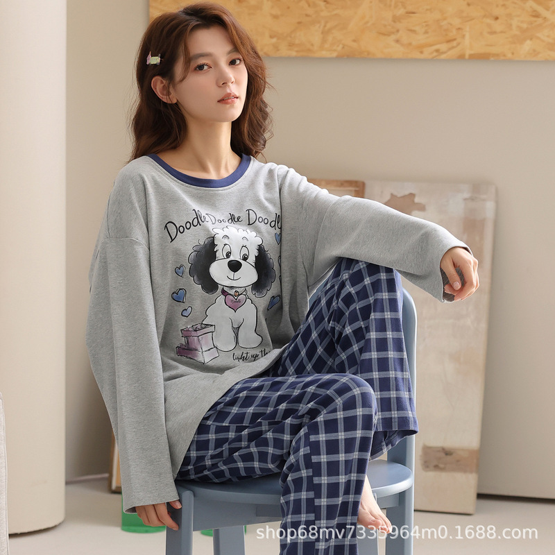 淳佰芬带胸垫一体睡衣女春秋季长袖纯棉家居服秋款套头圆领可外穿|undefined
