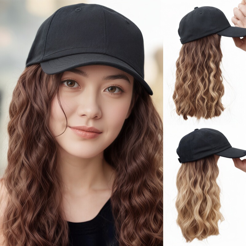 Best-Selling European and American Chemical Fiber Wig Women's Baseball Cap All-In-One Mid-Length Water Ripple Baseball Hat Hood Ready for Sale
