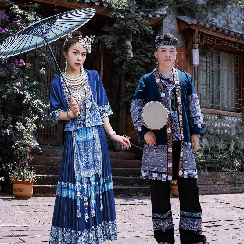 苗族湘西成人56个民族服装男女款扎染传统演出服侗族贵州舞蹈套装