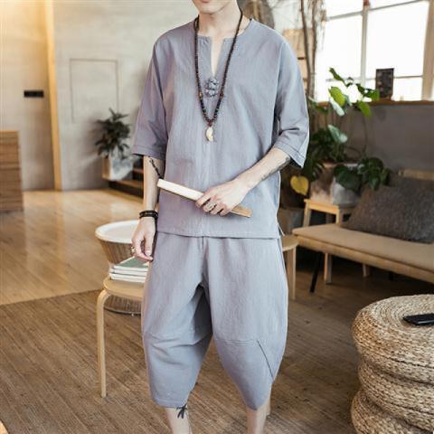 Nuevo traje de lino de verano para hombre Camiseta de estilo chino de manga corta de dos piezas de gran tamaño pantalones recortados sueltos para hombre