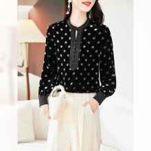 波点真丝绒上衣女长袖2025春时尚宽松套头桑蚕丝气质妈妈中式衬衫