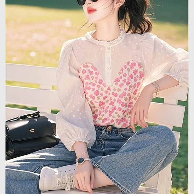 This year's popular explosions unique beautiful small shirt female mogo fish yuan chuang foreign style age-reducing pink printed velvet shirt