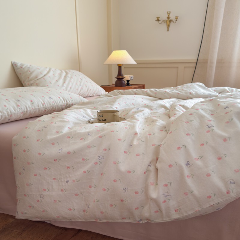Retro Floral Cotton Double-Layer Gauze Four-Piece Set, Skin-Friendly and Soft, Class a Maternal and Infant Grade, Student Three-Piece Set, Bed Sheet and Duvet Cover