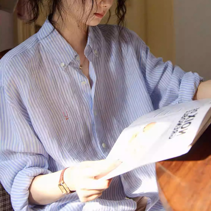 French-Style Blue Striped Sun-Protective Linen Shirt for Women, Spring Outerwear with a Stylish Design, Long-Sleeve Shirt Jacket with Embroidery French-Style Blue Striped Sun-Protective Linen Shirt for Women, Spring Outerwear with a Stylish Design, Long-Sleeve Shirt Jacket with Embroidery