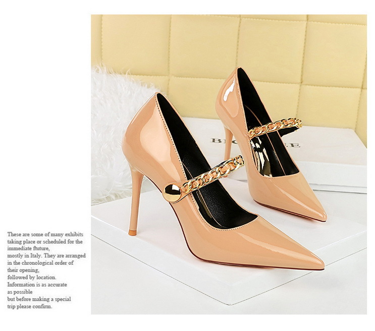 High heels women's shoes slim heels patent leather shallow mouth pointed metal chain line with single shoes_voghion.com