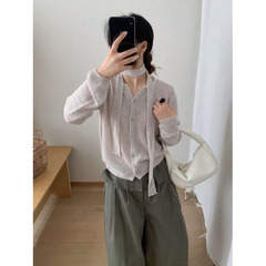 木四 秋冬新款韩系飘带挂脖马海毛毛衣女外套温柔风针织开衫M6518