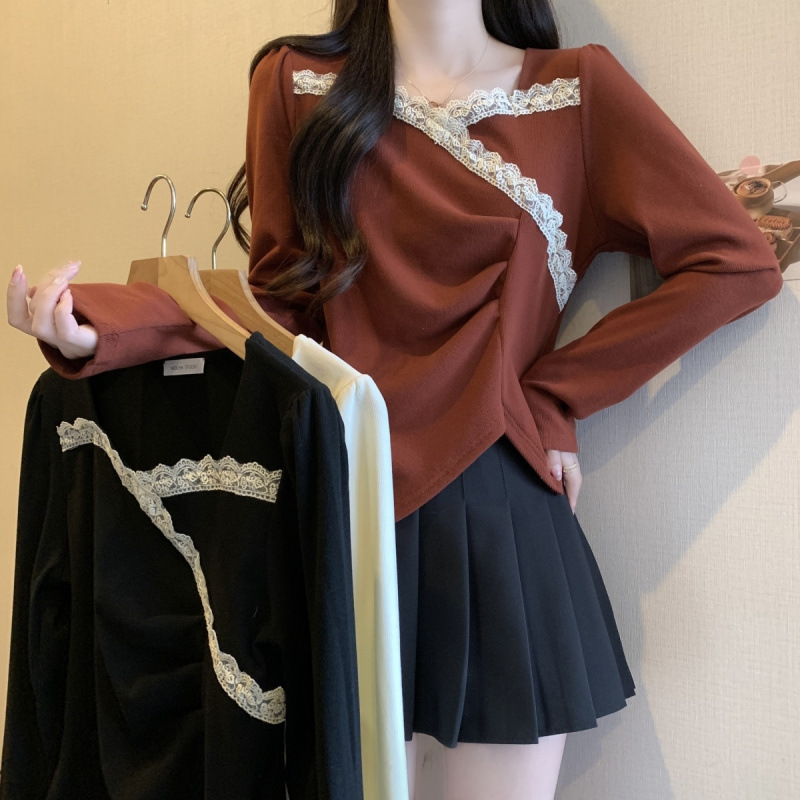 Lace Square Neck Velvet Thickened Long-sleeved T-shirt Women's Autumn and Winter plus size chubby girl Tight Waist Slimming Irregular Beautiful Shirt