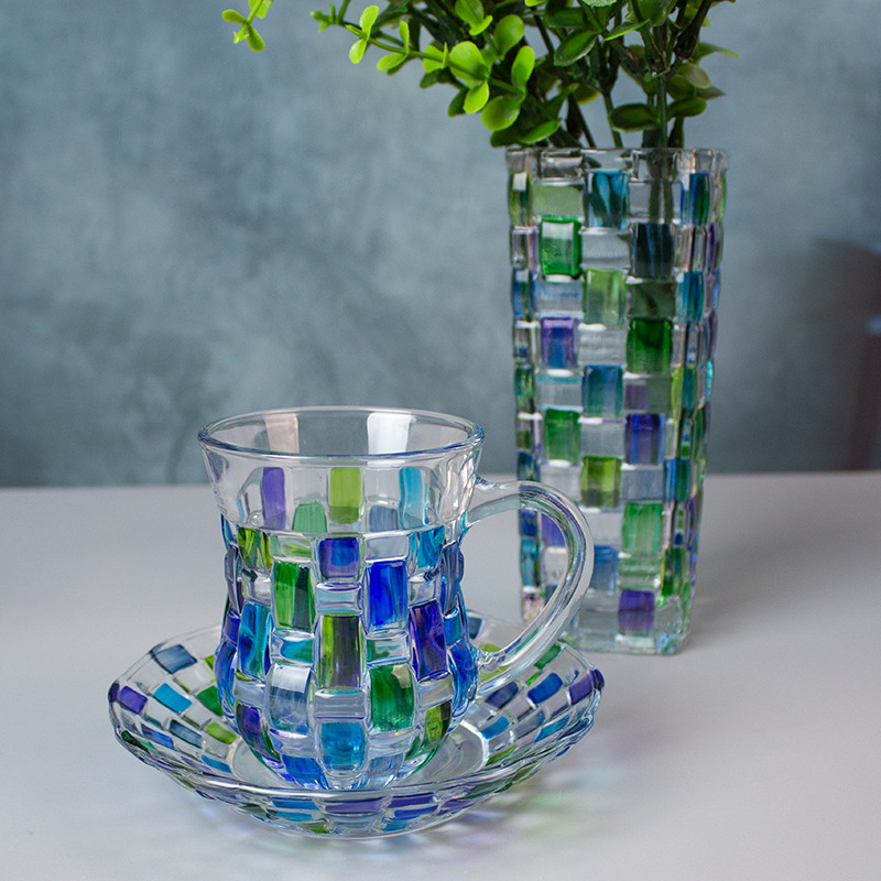 Creative simple high-value color crystal glass coffee cup stirring milk breakfast cup saucer suit wholesale