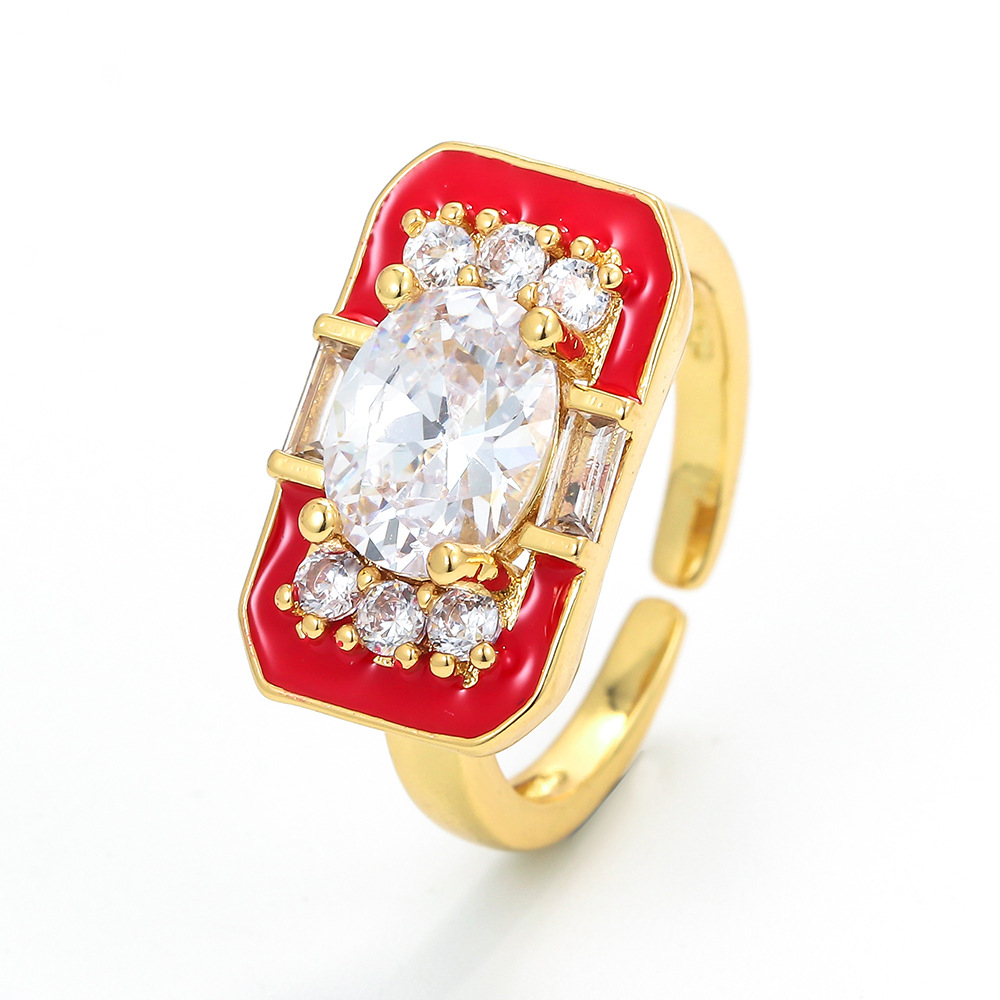 7g Weight Electroplating Gold Plating Process 18K Real Gold Plated Plating Material Korean Style Square Color Oil Drop Copper Ring Geometric Micro-set Zircon Opening Adjustable Ring