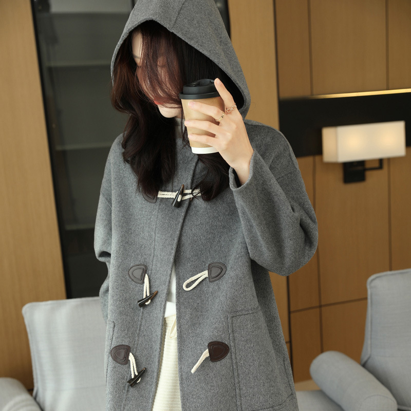 Pure Wool Double-Sided Woolen Coat for Women, Hooded Woolen Jacket, Korean Style Horn Button Cardigan with Pockets, Trendy Pure Wool Double-Sided Woolen Coat for Women, Hooded Woolen Jacket, Korean Style Horn Button Cardigan with Pockets, Trendy