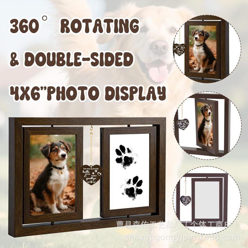 Pet Memorial Photo Frame, Rotatable 4*6 Photo Wooden Frame, Dog and Cat Gift Rotating Photo Frame
