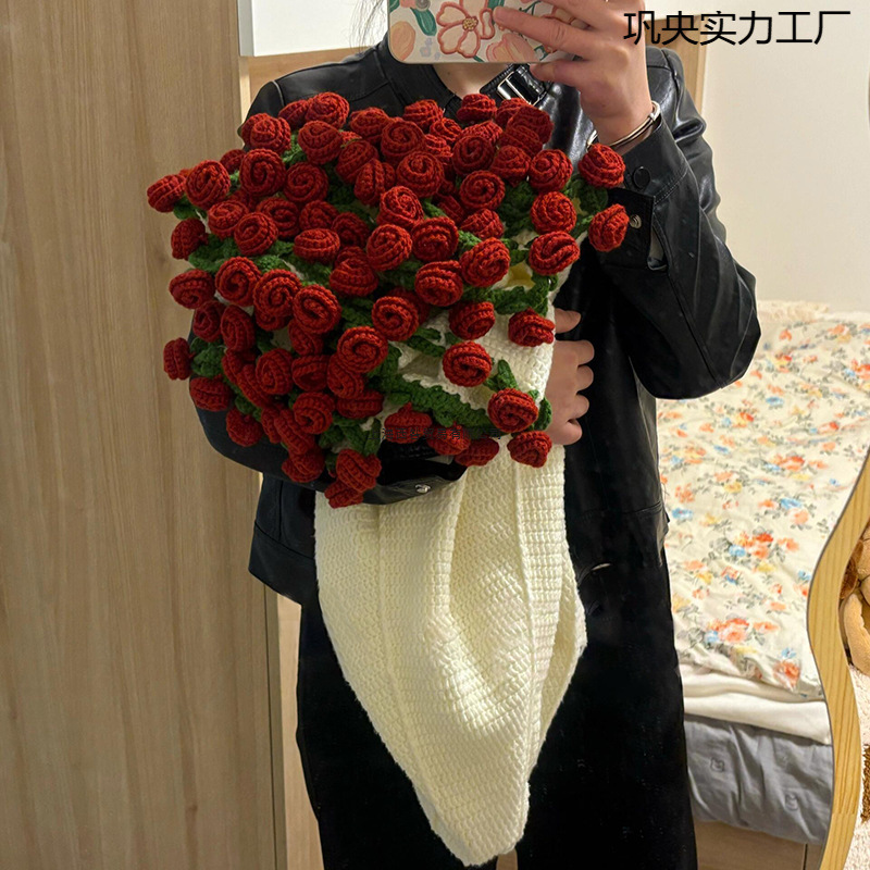 玫瑰花束毯子手工diy钩织毛毯材料包编织盖毯成品送闺蜜结婚礼物