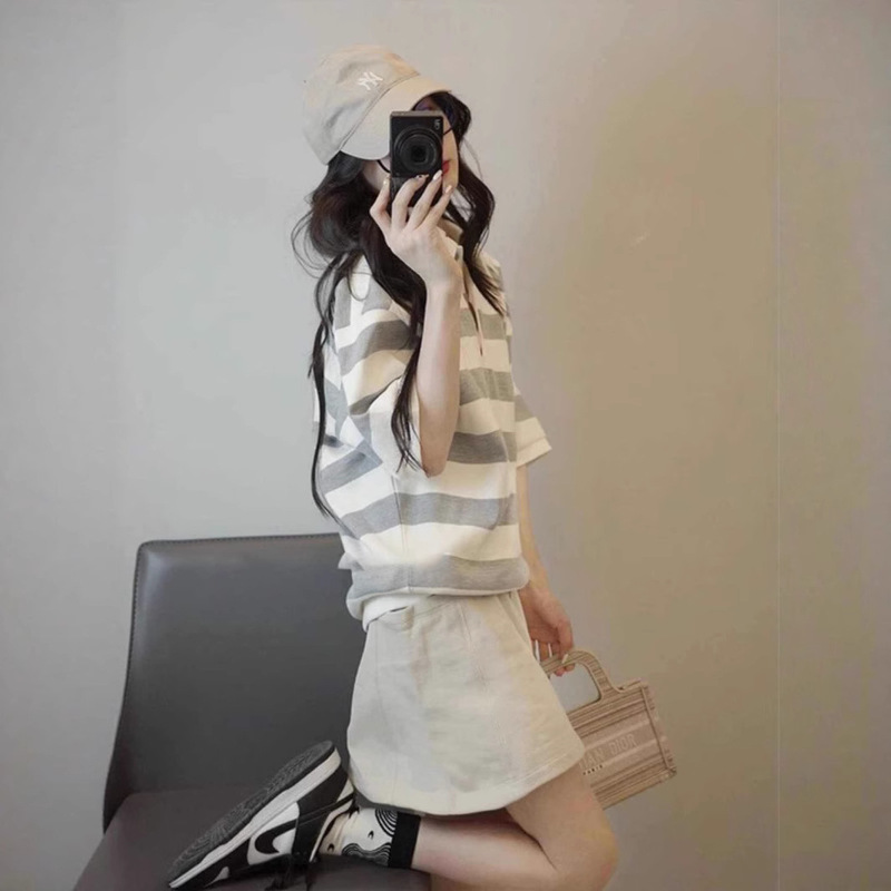 Plus Size Women's New Polo Collar Stripesd Short-Sleeved T-Shirt Women's Design Chic Casual Fat mm Top Summer