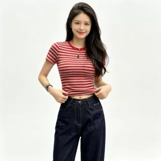 跨境短袖恤女夏季新款正肩撞色条纹复古时尚修身显瘦减龄短款上衣
