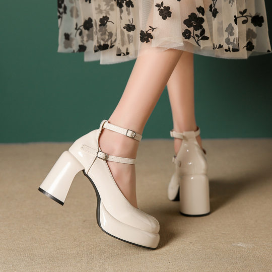 French Style Mary Jane High Heels Women's Small New Style One-word Belt French Thick Heel Waterproof Platform Thick Heel Elegant Single-layer Shoes