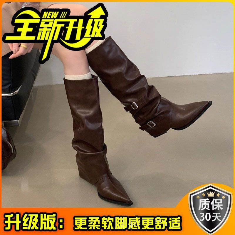 尖头搭扣褶皱堆堆靴女粗跟2025款朋克风骑士靴炸街辣妹高跟长筒靴|undefined